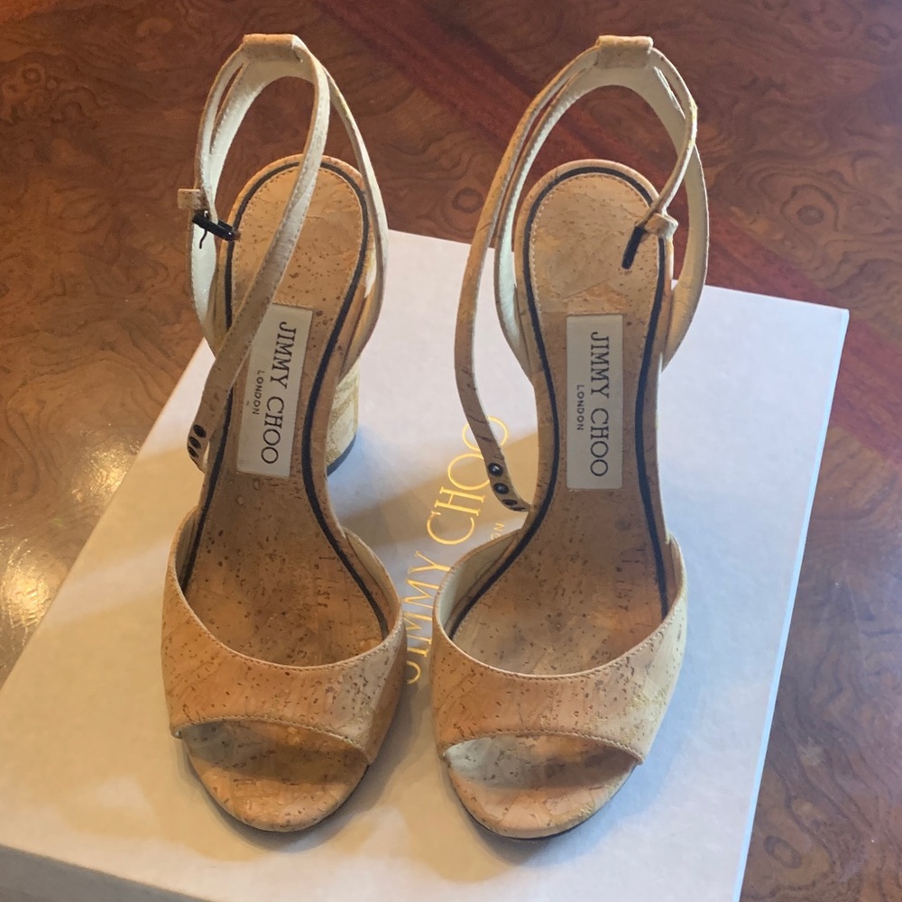 Miranda Jimmy Choo Beige Cork Wedge Sandals with Ankle Strap